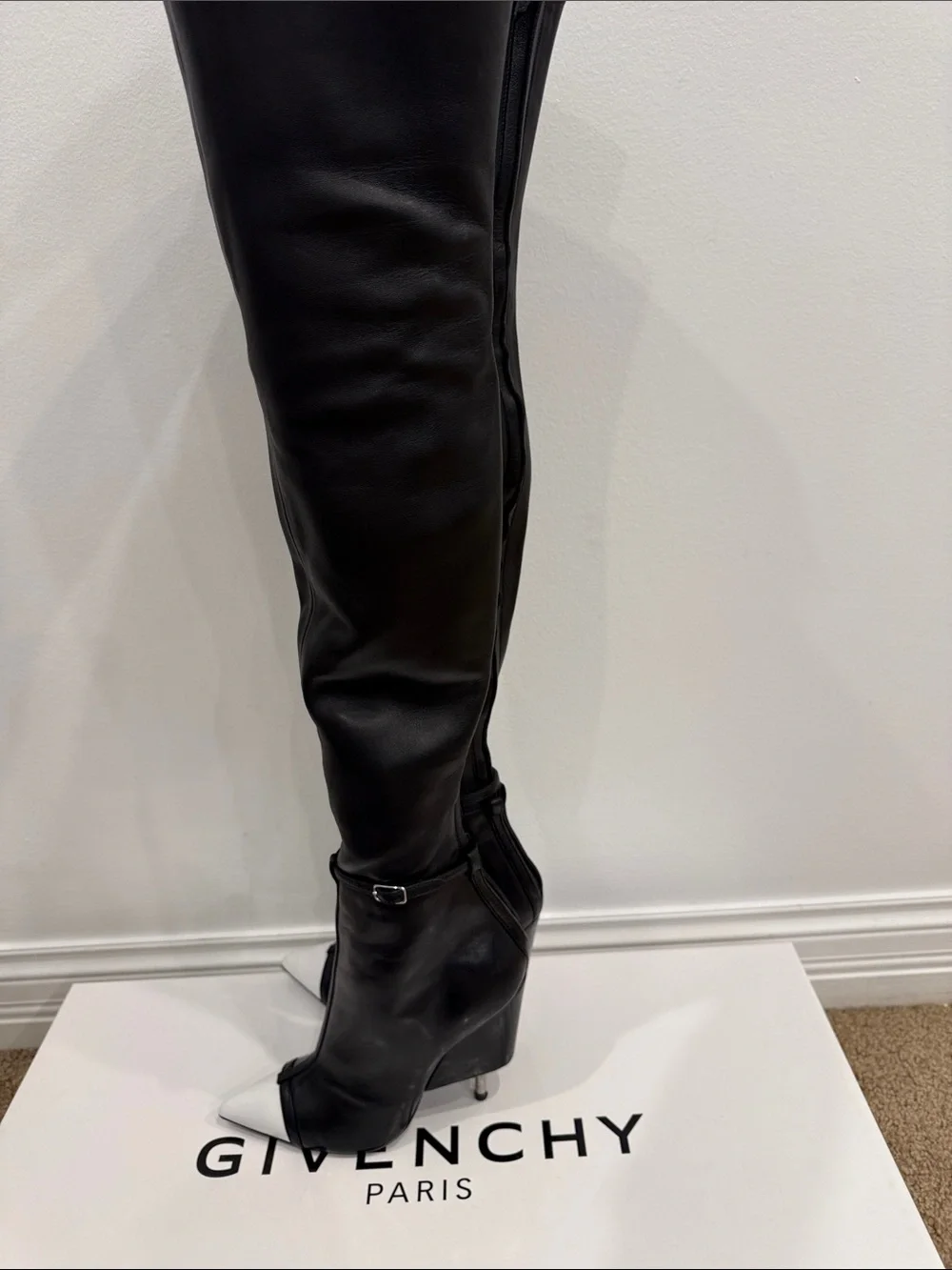 Givenchy Runway Black Lamb Leather Over The Knee Boots White Cap Toe 37